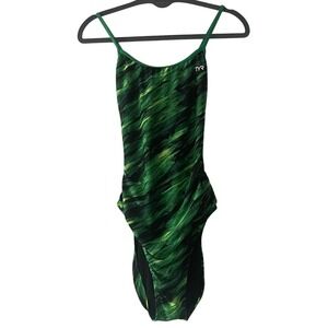 TYR Green & Black Wave-Pattern Performance One-Piece Swimsuit 36